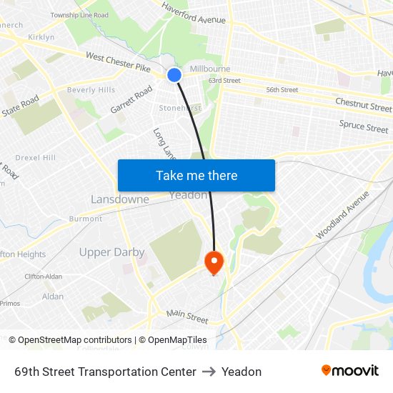 69th Street Transportation Center to Yeadon map