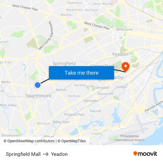 Springfield Mall to Yeadon map