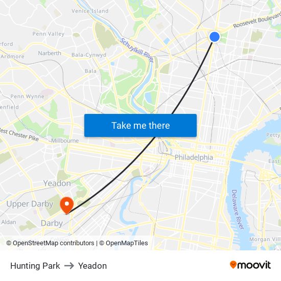 Hunting Park to Yeadon map