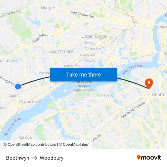Boothwyn to Woodbury map
