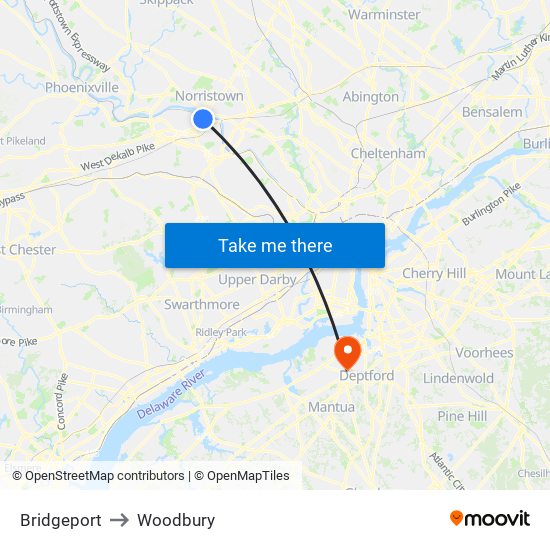 Bridgeport to Woodbury map