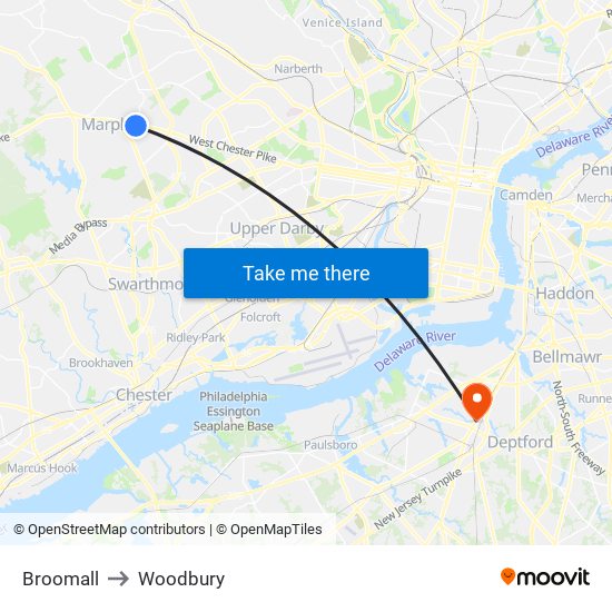 Broomall to Woodbury map