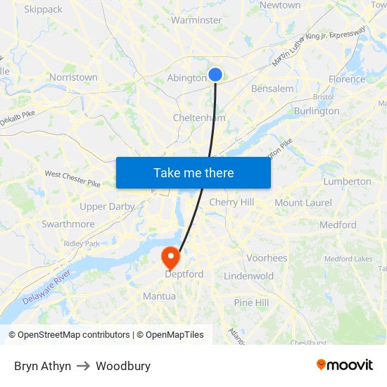 Bryn Athyn to Woodbury map