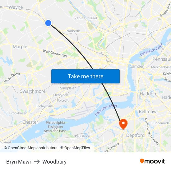 Bryn Mawr to Woodbury map