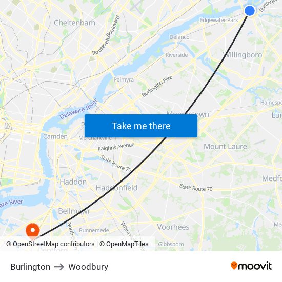 Burlington to Woodbury map