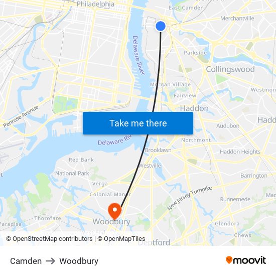 Camden to Woodbury map