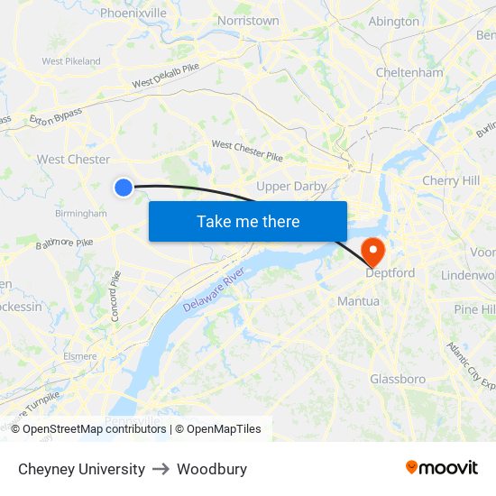 Cheyney University to Woodbury map
