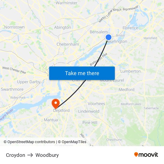 Croydon to Woodbury map
