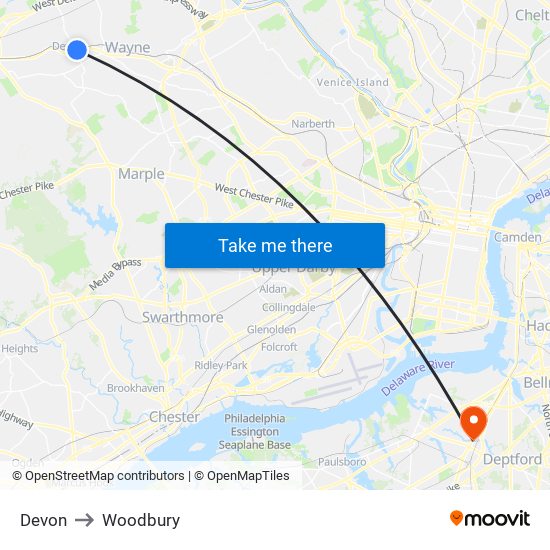 Devon to Woodbury map