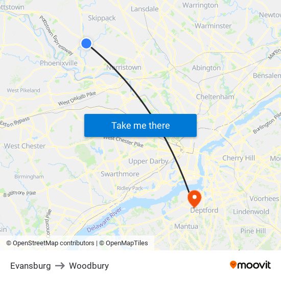 Evansburg to Woodbury map