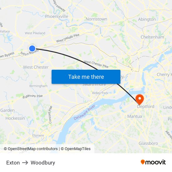 Exton to Woodbury map