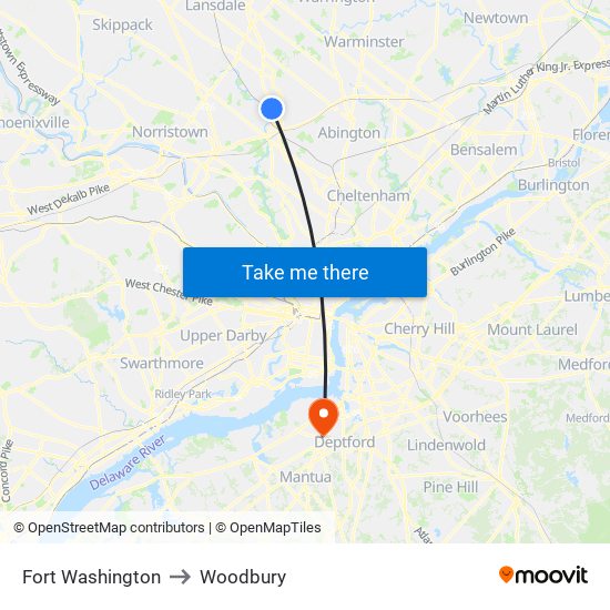 Fort Washington to Woodbury map