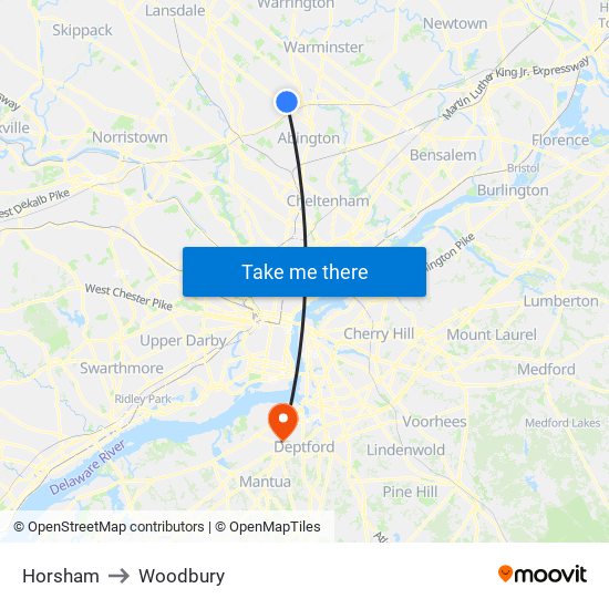 Horsham to Woodbury map