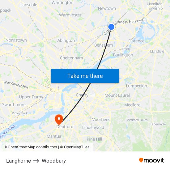 Langhorne to Woodbury map