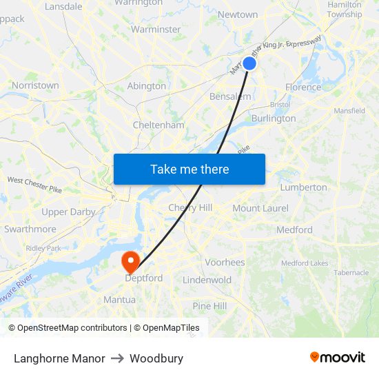 Langhorne Manor to Woodbury map