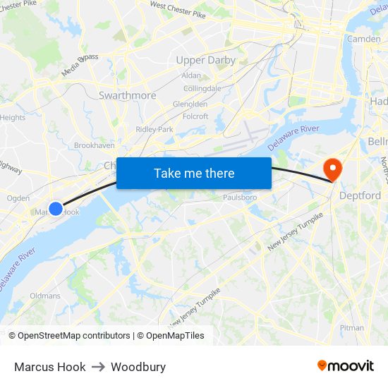 Marcus Hook to Woodbury map