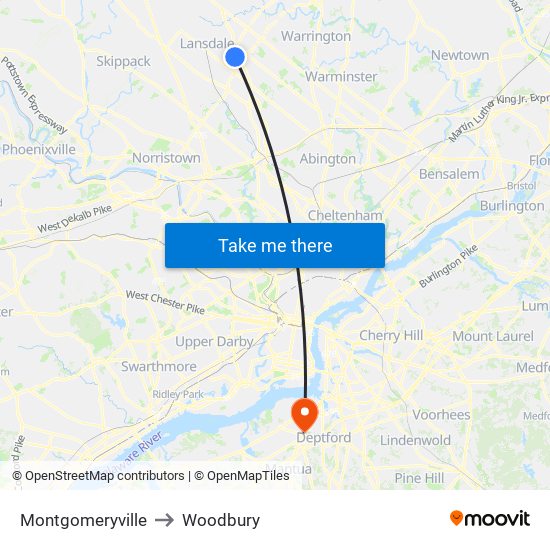 Montgomeryville to Woodbury map