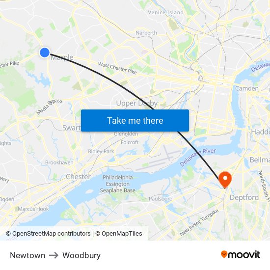 Newtown to Woodbury map