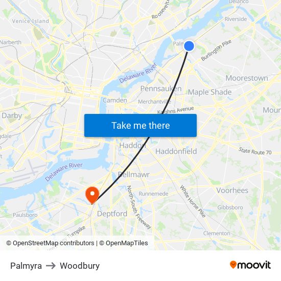 Palmyra to Woodbury map