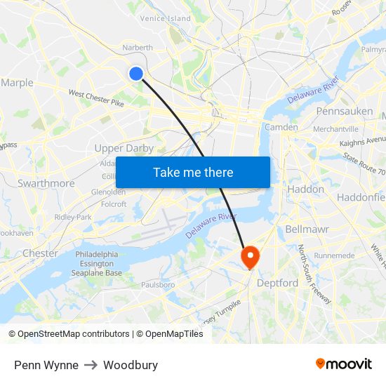 Penn Wynne to Woodbury map