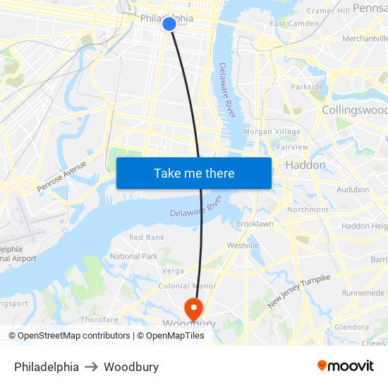 Philadelphia to Woodbury map