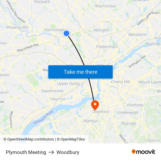 Plymouth Meeting to Woodbury map