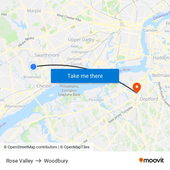 Rose Valley to Woodbury map