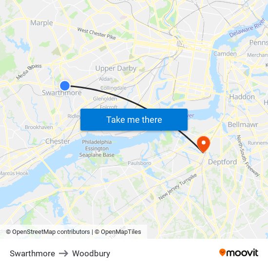 Swarthmore to Woodbury map