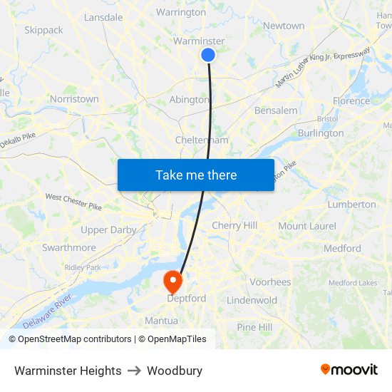 Warminster Heights to Woodbury map