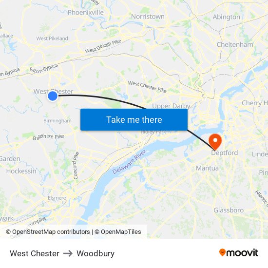 West Chester to Woodbury map