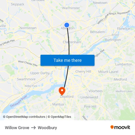 Willow Grove to Woodbury map