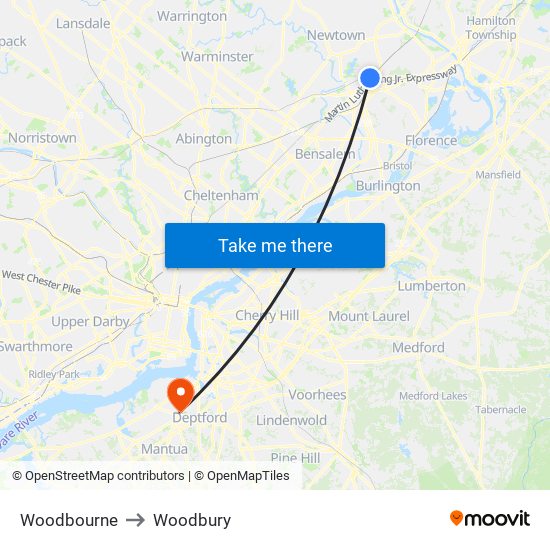 Woodbourne to Woodbury map