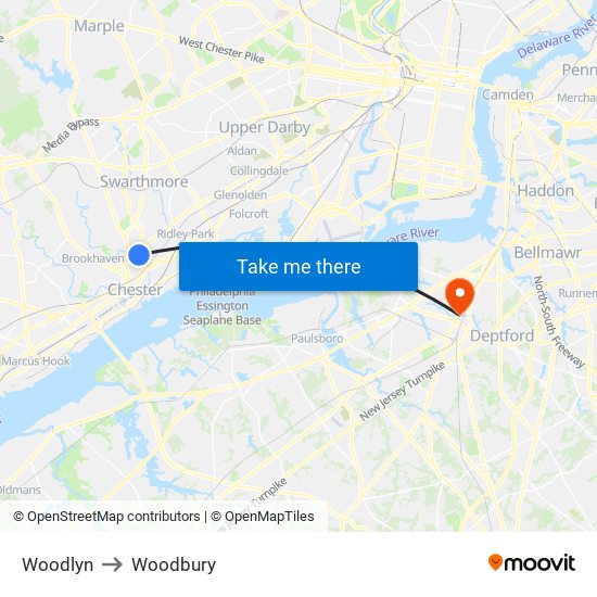 Woodlyn to Woodbury map