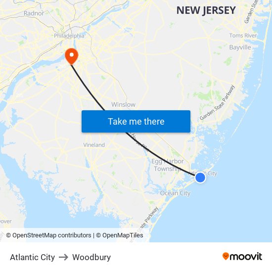 Atlantic City to Woodbury map