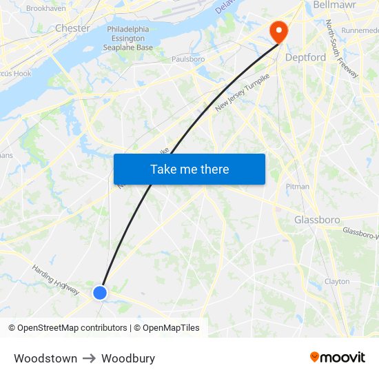 Woodstown to Woodbury map