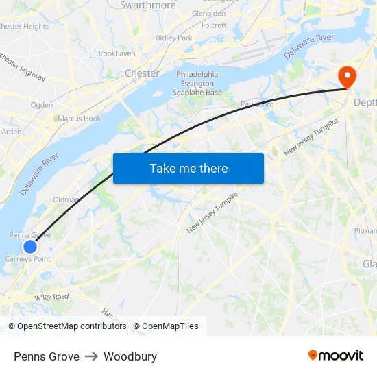 Penns Grove to Woodbury map
