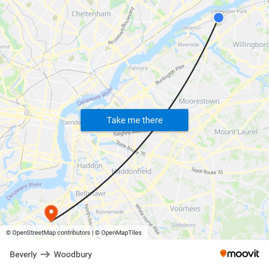 Beverly to Woodbury map