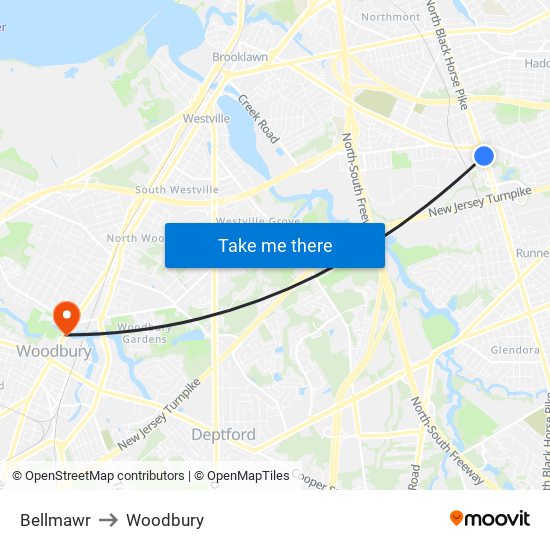 Bellmawr to Woodbury map