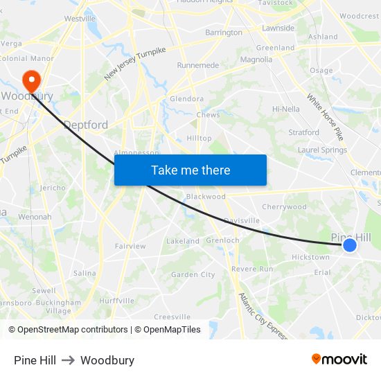 Pine Hill to Woodbury map