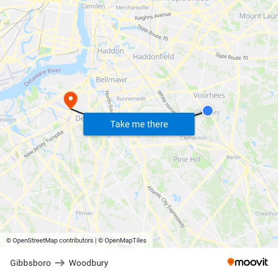 Gibbsboro to Woodbury map