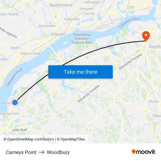 Carneys Point to Woodbury map