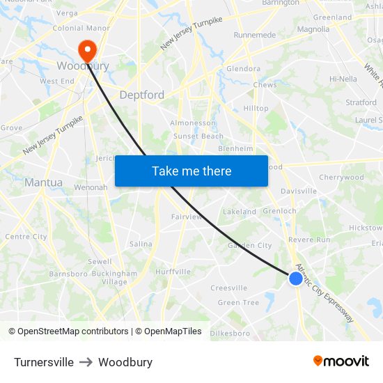 Turnersville to Woodbury map