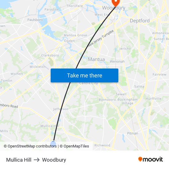 Mullica Hill to Woodbury map