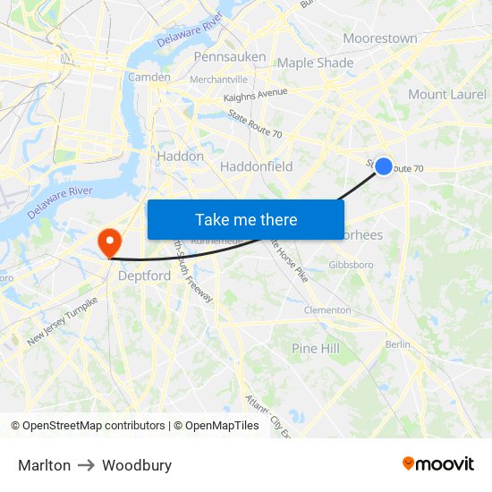 Marlton to Woodbury map