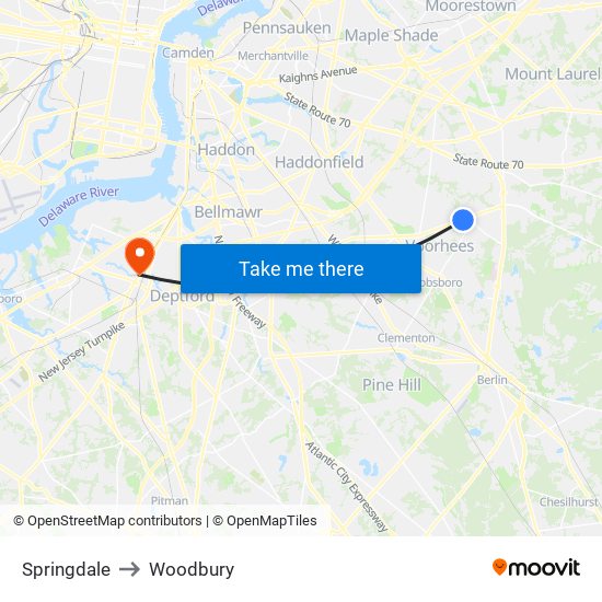 Springdale to Woodbury map