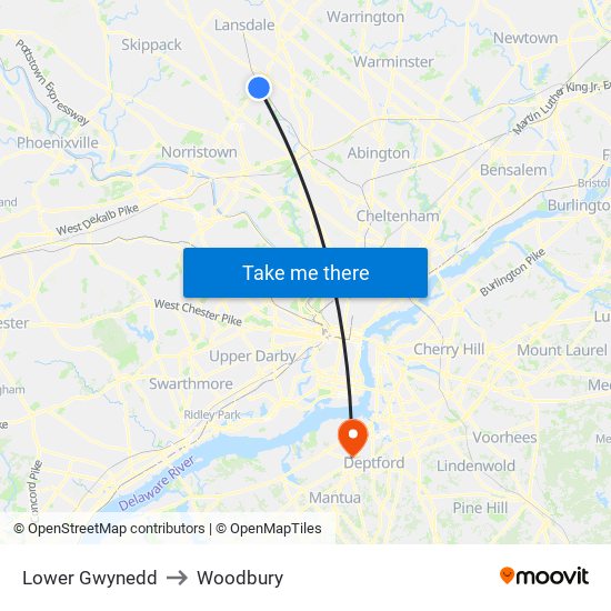 Lower Gwynedd to Woodbury map