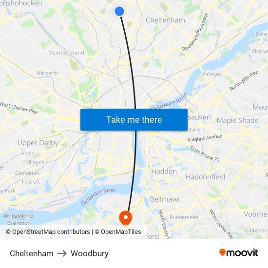 Cheltenham to Woodbury map