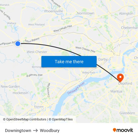 Downingtown to Woodbury map