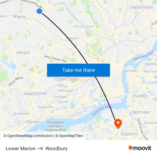 Lower Merion to Woodbury map