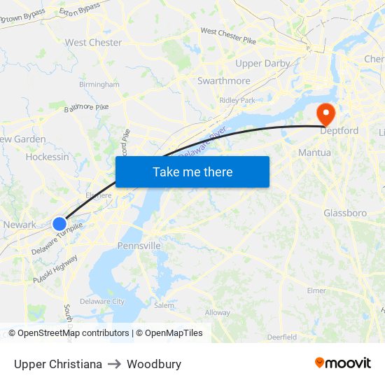 Upper Christiana to Woodbury map